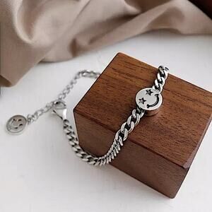 Sterling Silver Happy Face Bracelet Chain Link Smiley Face